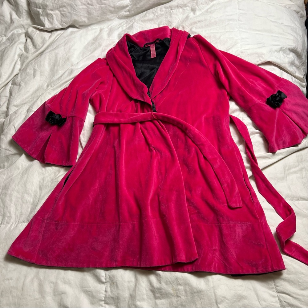 Betsey Johnson Velvet Robe Pink Bow Sleeve Wrap Belted Lounge Jacket Medium